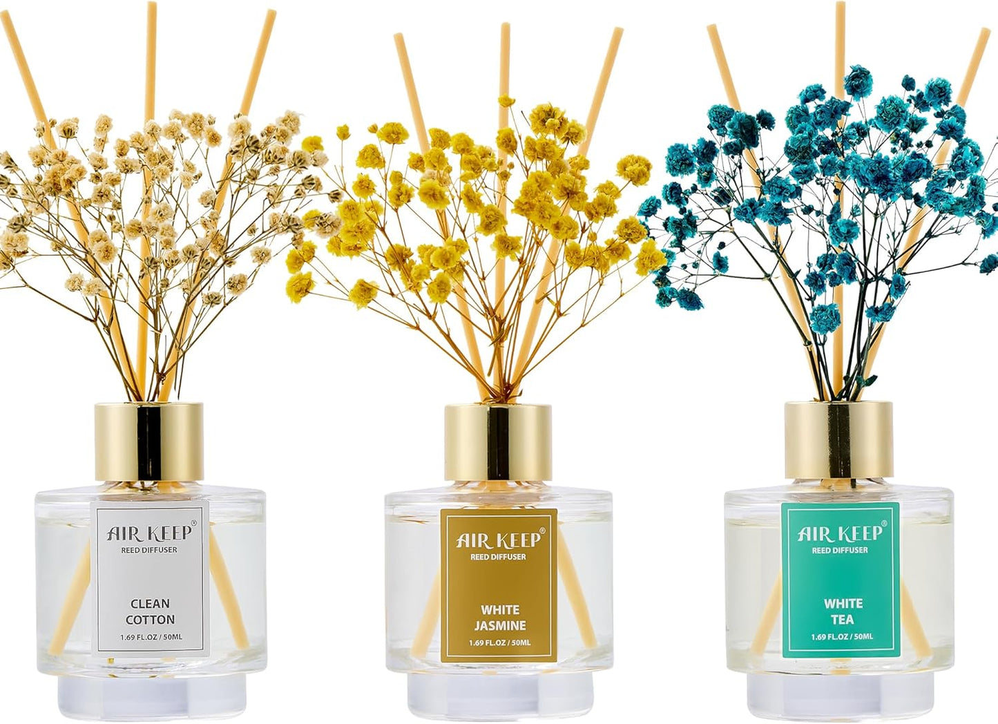 Airkeep Reed Diffuser Set of 3,Clean Cotton White Jasmine White Tea Oil Reed Diffusers for Bedroom Living Room Office Aromatherapy Oil Reed Diffuser for Gift 50ml x 3