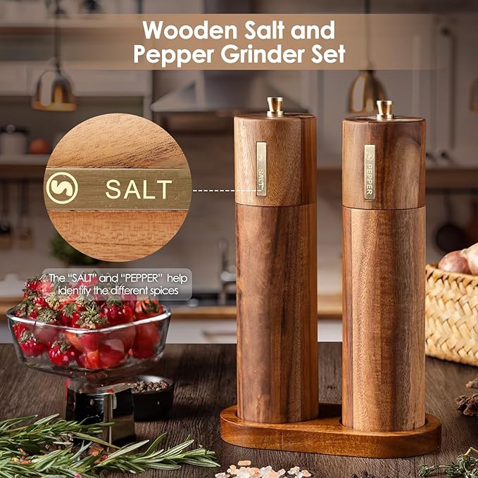 Wooden Salt and Pepper Grinder Set, 8 inch Manual Salt and Pepper Mill with Brush and Spoon, Adjustable Coarseness, Refillable Pepper Grinder for Kitchen, Brown