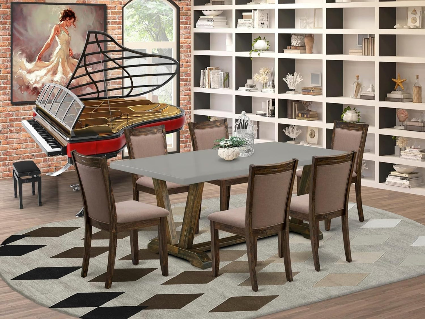 East West Furniture V797MZ748-7 7 Piece Dining Room Furniture Set Consist of a Rectangle Dining Table with V-Legs and 6 Coffee Linen Fabric Upholstered Chairs, 40x72 Inch, Multi-Color