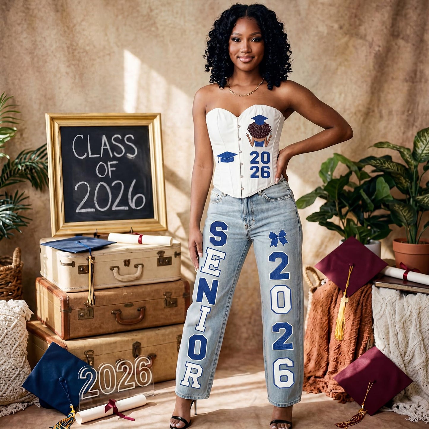 Glenmal 17 Pcs Senior Class of 2026 Iron on Patches Glitter Bow Heat Transfer Stickers Set for Black Women Graduation Outfit Decor Corset Jeans Grad Party Clothing DIY Crafts(Blue, Silver)