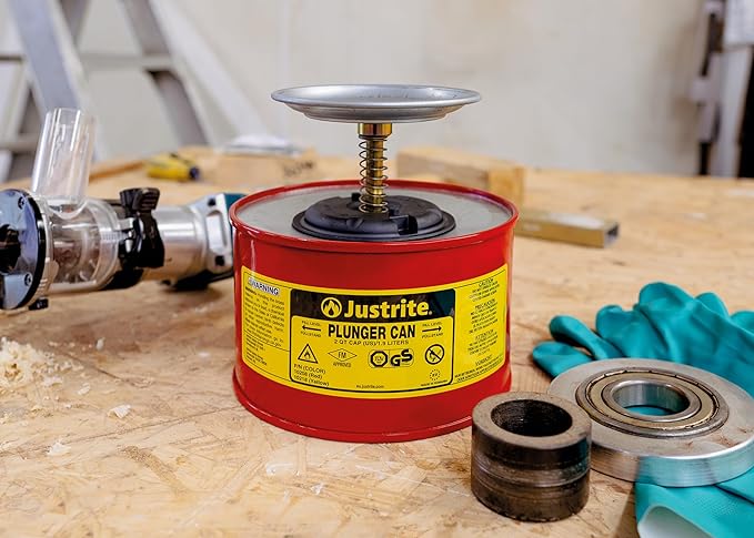 Justrite Plunger Can for Solvents, 2 Quarts Capacity, 7.4" x 7.25" Steel Push-Down Solvent Dispenser Can, Made in The USA Industrial Mechanic Tools, Red, 10208