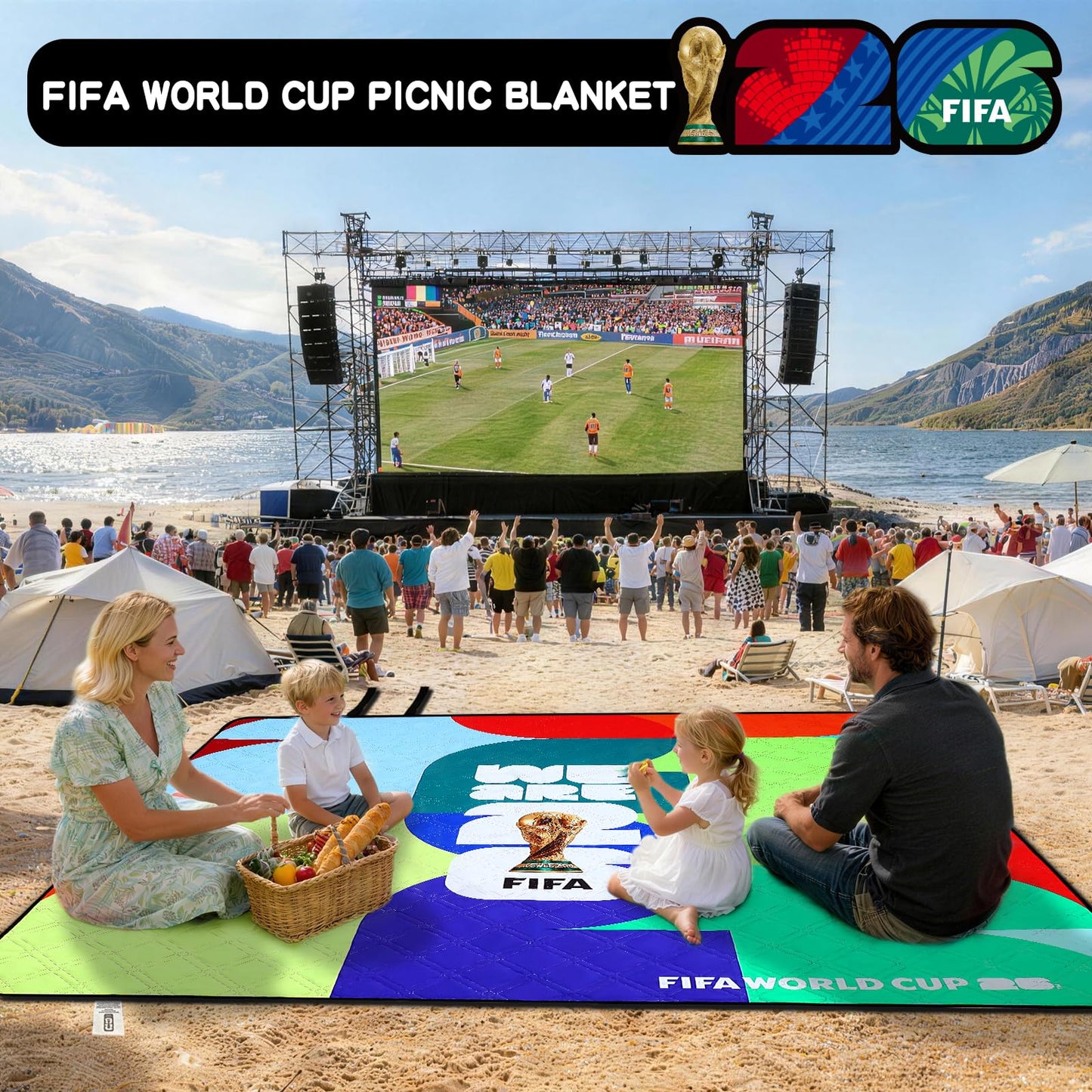 MESUCA FIFA World Cup 2026 Picnic Blankets, World Cup Trophy Design Outdoor Blanket, 75''x79'' Large Beach Blanket Waterproof Sandproof, Foldable 20*6" Picnic Mat, FIFA 26 Official Licensed - FIFA 26