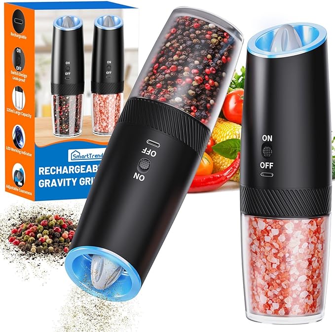 Gravity Electric Salt and Pepper Grinder Set with LED Light, Automatic Rechargeable Pepper Mill Grinder, Adjustable Coarseness for Peppercorn, Large Capacity for Home, Kitchen, 2 Pack