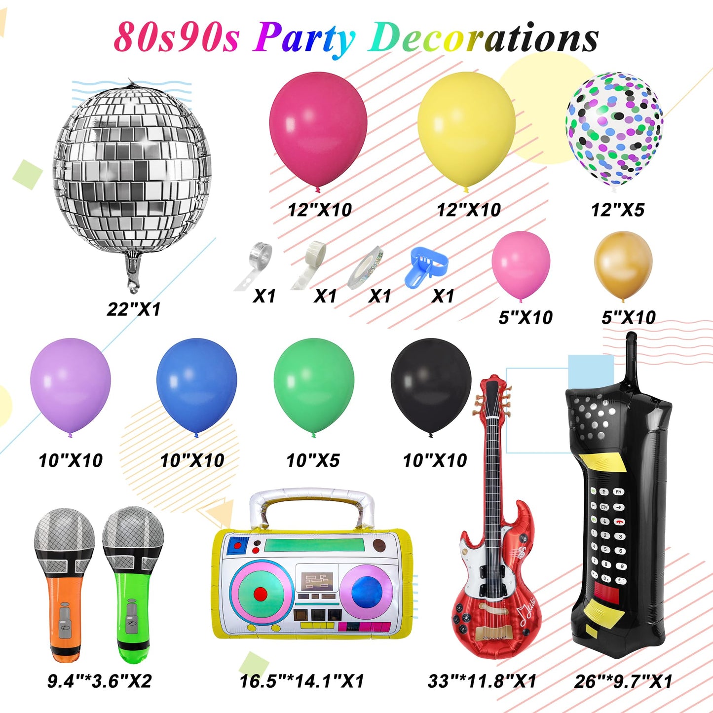 Amandir 80s 90s Theme Party Decorations, 90Pcs Balloon Garland Kit 6PCS Disco Ball Radio Boom Box Retro Mobile Phone Guitar Microphone Foil Balloons for Back to 80s 90s Hip Hop Birthday Supplies
