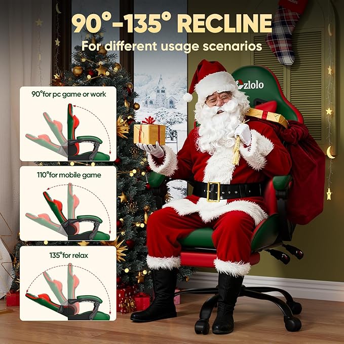 Gaming Chair, Lumbar Support Massage Computer Chair, High Back Gamer Chair, with Footrest and Headrest, Lumbar Pillow, Recline, Wide Seat, Gaming Chairs for Christmas/Birthday Gifts, Green