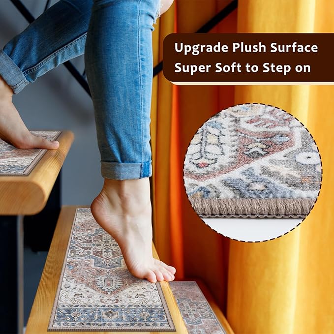 OJIA Non-Slip Stair Treads for Wooden Steps 30"x8" Indoor Stair Runner 15PCS Residue-Free Rubber Backed Carpet Stair Treads Staircase Step Treads Stair Rugs Mats for Kids and Dogs, Beige