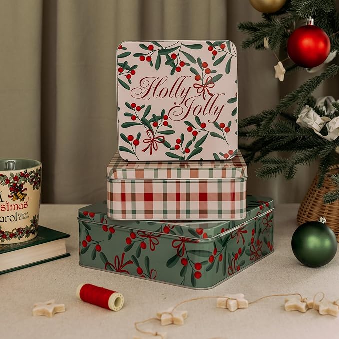 Steel Mill & Co Tin Containers with Lids, 3 Pack Christmas Cookie Tins, Festive Cookie Tins for Gift Giving & Holiday Treats, Square Metal Nesting Containers (Holly Jolly)