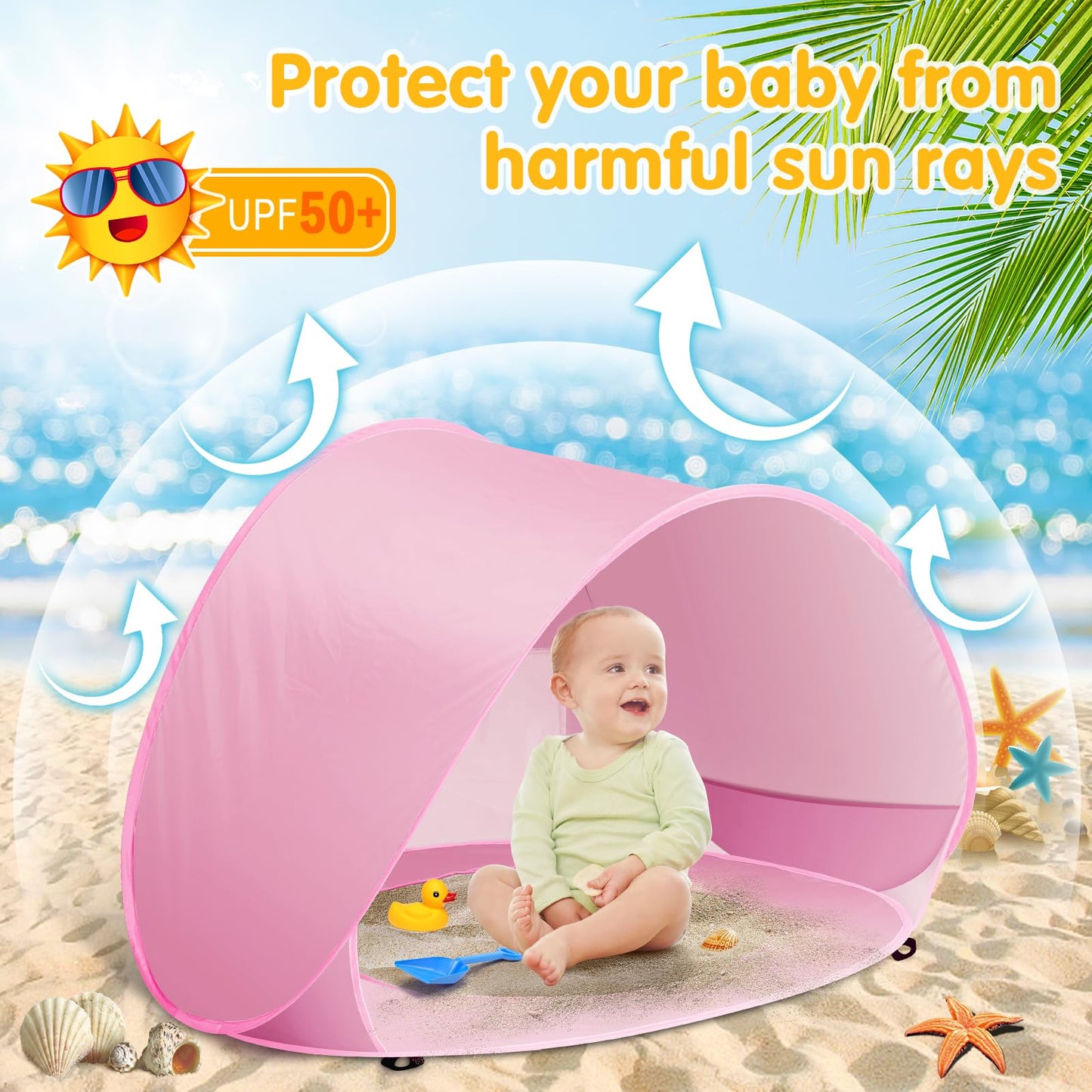 Baby Beach Tent with Pool, Pop Up Sun Shelter UPF 50+ UV Protection for Infant Toddlers, Portable Shade Tent with Carry Bag for Beach Outdoor Travel