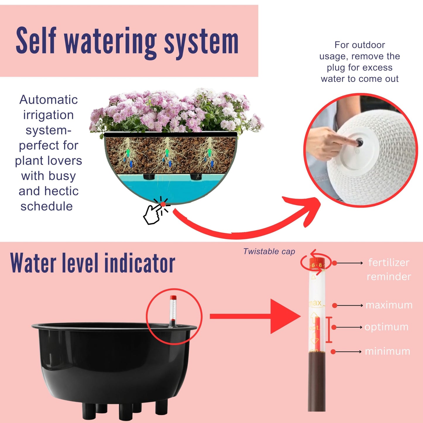 LaLaGreen Bundle- 3 Pack, 11 Black + 3 Pack, 11 Inch Brown Self Watering Hanging Plastic Basket Rattan Style Round Plant Flower Pots with Water Level Indicator Balcony Porch Modern Indoor Garden Decor