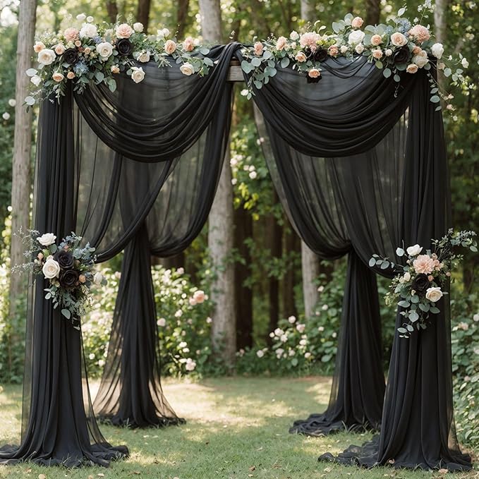 Wedding Arch Draping Fabric, 2 Panels 18FT Black Sheer Backdrop Curtain Chiffon Fabric Drapery Voile Scarf Draping Panels for Wedding Archway Ceremony Curtain Valance Party Decoration