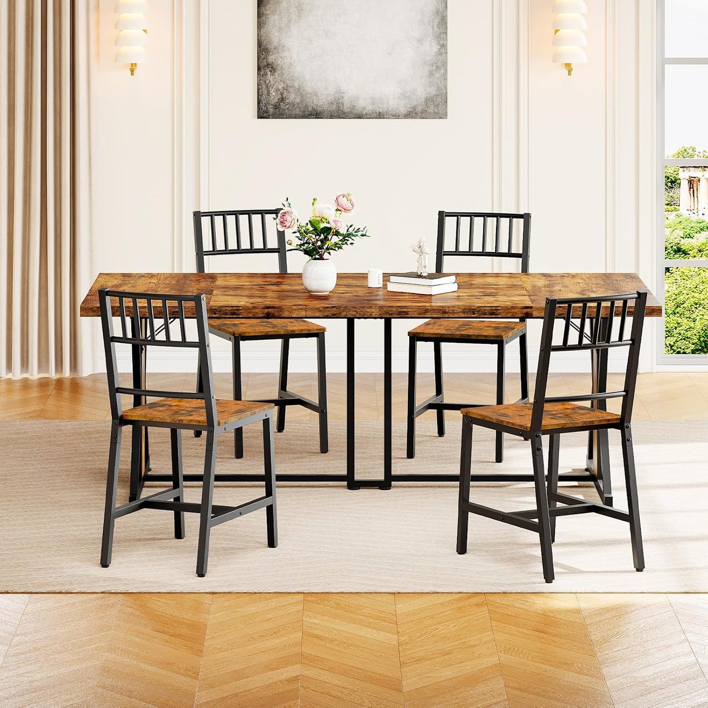 HOOBRO Kitchen Chairs Set of 4, Wooden Dining Room Chairs with Metal Frame, Dining Chair with Back, Easy to Assemble, Farmhouse Dining Chair for Living Room, Rustic Brown and Black BF39CDP401