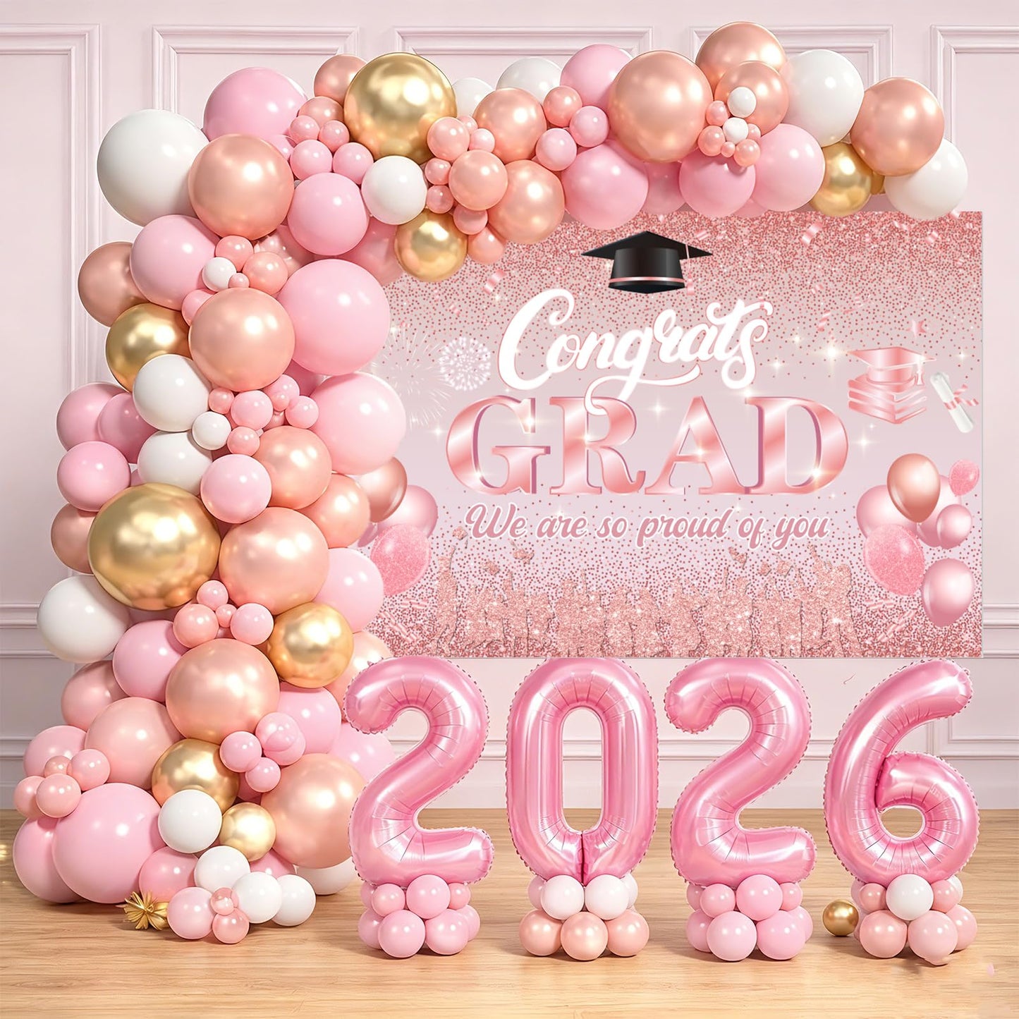 Pink Graduation Decorations Class Of 2026 - Graduation Balloon Arch Kit With Pink Rose Gold Balloons, Grad Backdrop, 2026 Foil Balloons For Girls High College School Decor