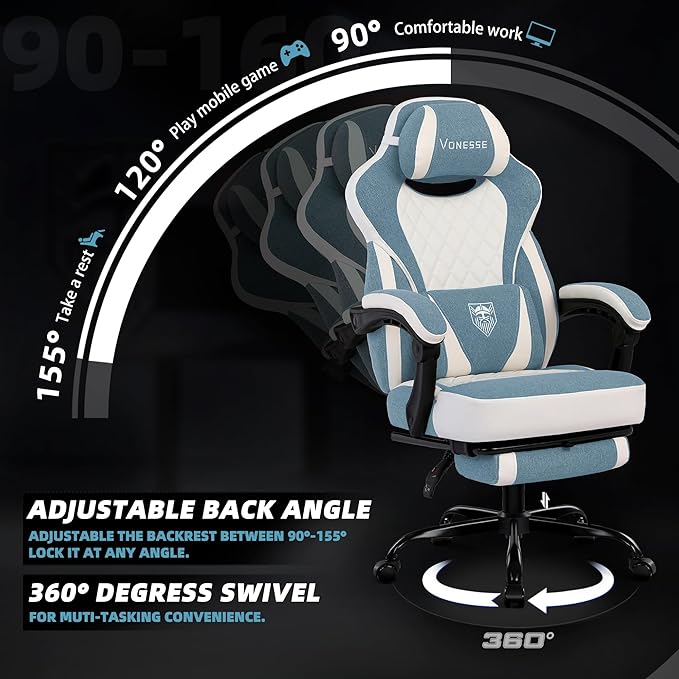 Vonesse Gaming Chair, Computer Chair Fabric with Pocket Spring Cushion, Office Chair with Footrest and Massage Lumbar Support, Reclining Gaming Chairs for Adults 250LBS (Blue)