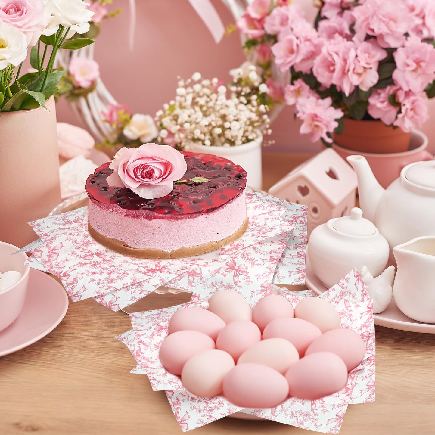 AnyDesign 150Pcs Pink Floral Bow Wax Paper Deli Paper Sandwich Wrap Tissue Vintage Chinoiserie Flower Bow Waterproof Oil-Proof Picnic Liner for Home Party Kitchen, 9.8 x 8.3 Inch