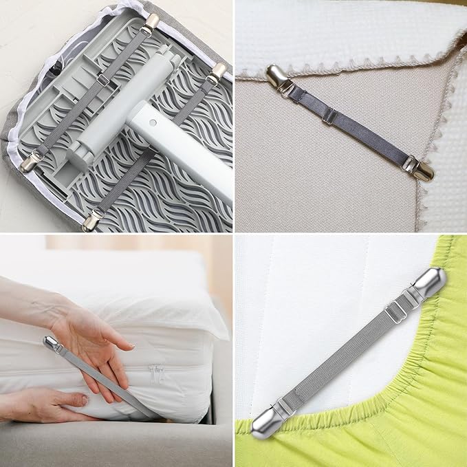 Boao 12 Pcs Bed Sheet Clips Straps Sheet Corner Straps Holder Adjustable Mattress Clips, Elastic Bed Grippers Suspender Fasteners Holder for Home (Grey,8-12 Inch Length)