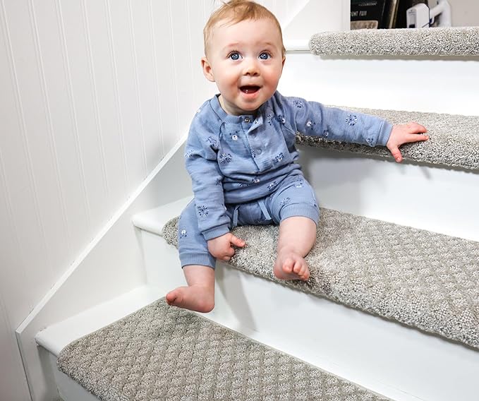 Oak Valley Designs™ Rounded Bullnose Carpet Stair Treads - Anti Slip Indoor Stair Mats for Wooden Stairs, Style: Bayside Charm, Silver Birch 31" W X 9.75" D (Set of 4)