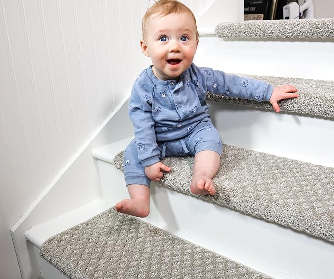Oak Valley Designs™ Rounded Bullnose Carpet Stair Treads - Anti Slip Indoor Stair Mats for Wooden Stairs, Style: Bayside Charm, Silver Birch 31" W X 9.75" D (Set of 14)