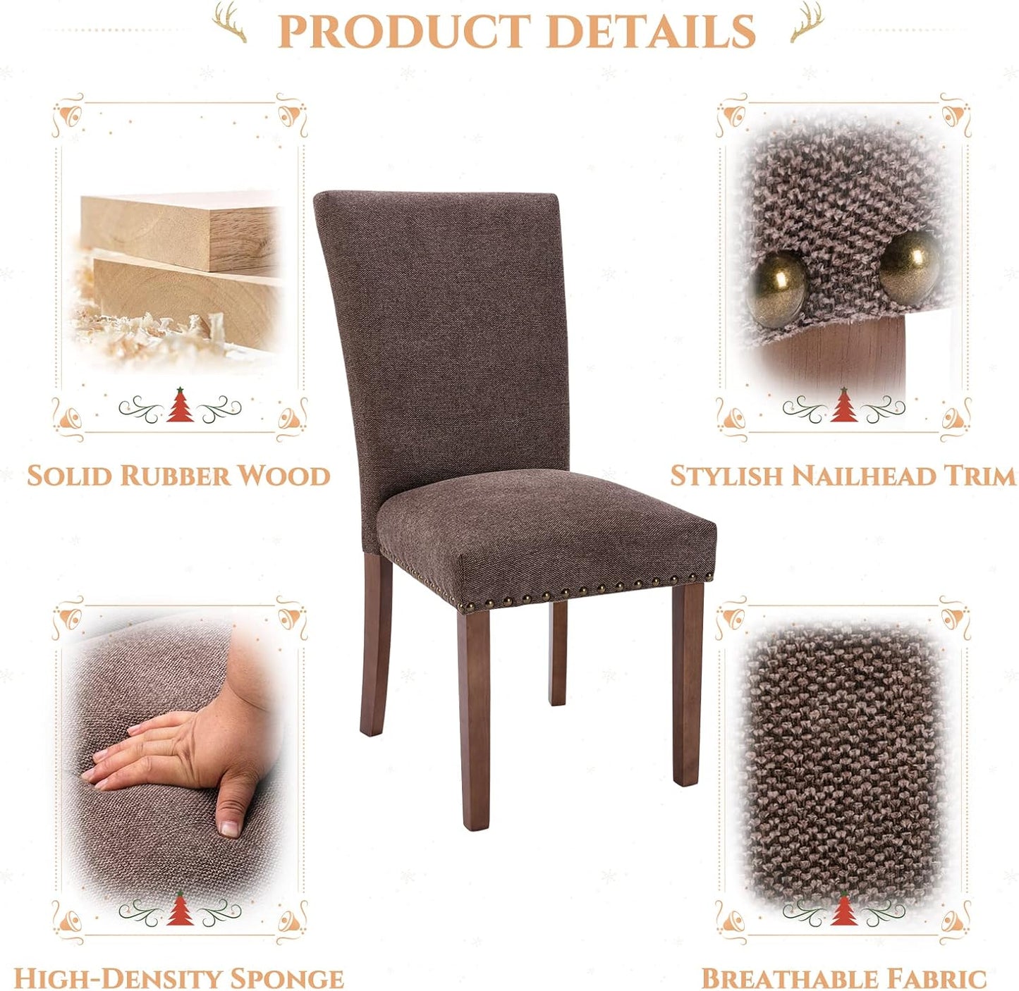 Parsons Dining Chairs Set of 2, Upholstered Nailhead Dining Room Kitchen Side Chair with Thick Cushions and Wood Legs, Brown