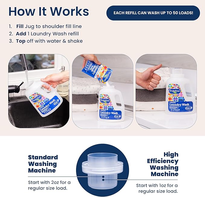 Truly Free Natural Laundry Detergent for Sensitive Skin | Eco Friendly, Plant Based, Baby Clothes Safe | Clean & Easy Powder to Liquid, Unscented | Refill Only (200 Loads)