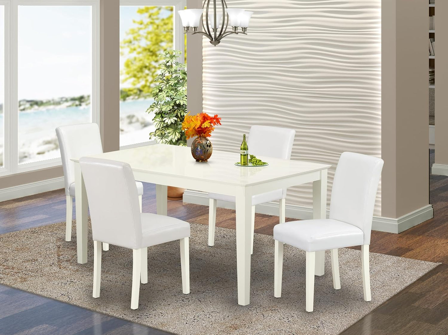 East West Furniture CAAB5-LWH-64 5 Piece Dining Room Furniture Set Includes a Rectangle Dining Table and 4 White Faux Leather Upholstered Parson Chairs, 36x60 Inch, Linen White