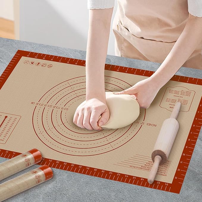 Silicone Baking Mat with Measurements, Extra Large 0.7mm 24" x 16" Pastry Dough Sheet, Pie Crust Rolling sourdough tools Supplies for Making Pizza, Pie, Christmas Cookies, Bread, Non Stick