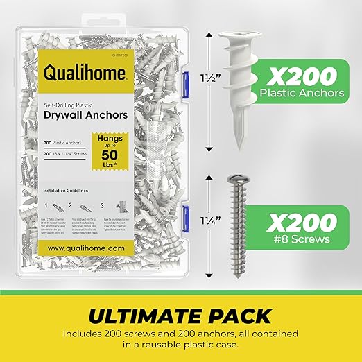 Qualihome Drywall Anchors with Screws – 400 Piece Set (200 Anchors + 200#8 x 1-1/4" Screws) | Self Drilling Drywall Anchors Heavy Duty | Wall Anchors for Drywall | Plastic Screw Anchor Kit