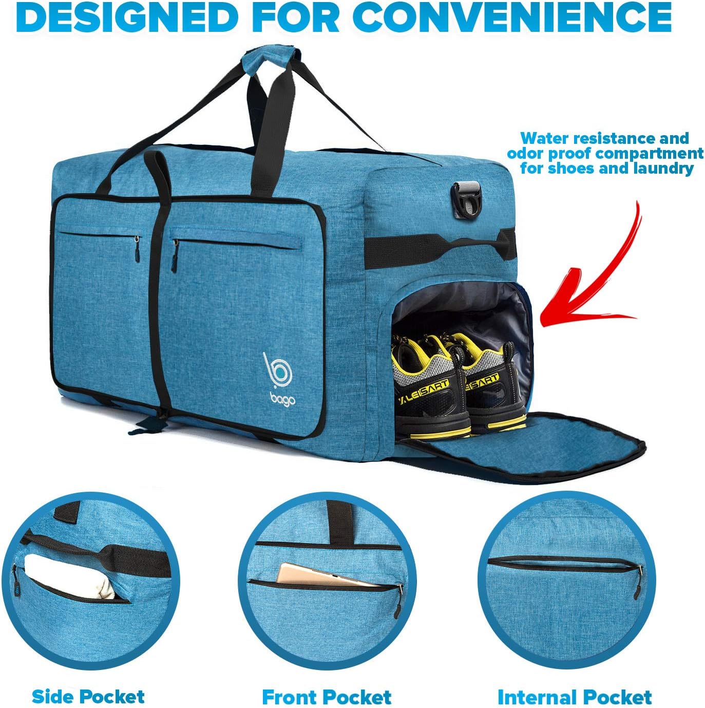 Bago Large Foldable Duffel Bags for Traveling Women & Men - 120L Packable Duffle Bag for Travel with Shoe Compartment - Water Repellant, Heavy Duty, Lightweight Folding & Collapsible (SnowBlue)