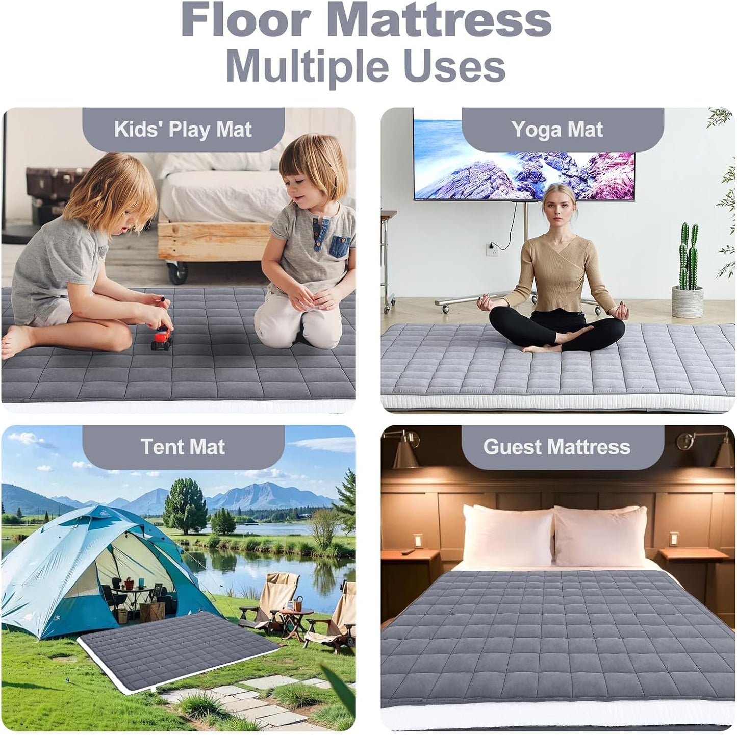Tiita Japanese Floor Mattress Futon Mattress 4” Thick Folding Roll Up Sleeping Pad with Bag & Strap, Bed Topper Mat for Guest, Lounger and Tavel, Gray,Full Size