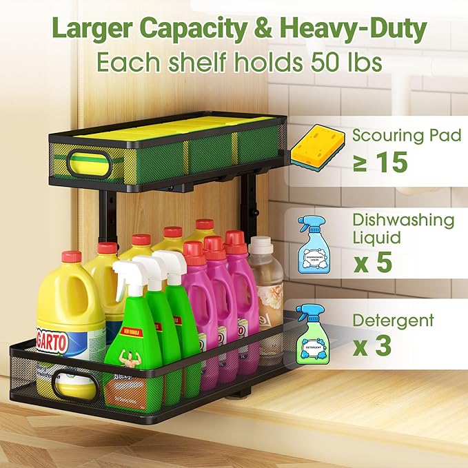 Under Sink Organizer 2-Pack, Metal 2-Tier Pull-Out Cabinet Shelf with Slide-Out Mesh Drawers, Height Adjustable, Space-Saving Under Sink Storage Racks for Kitchen, Bathroom, Laundry Room