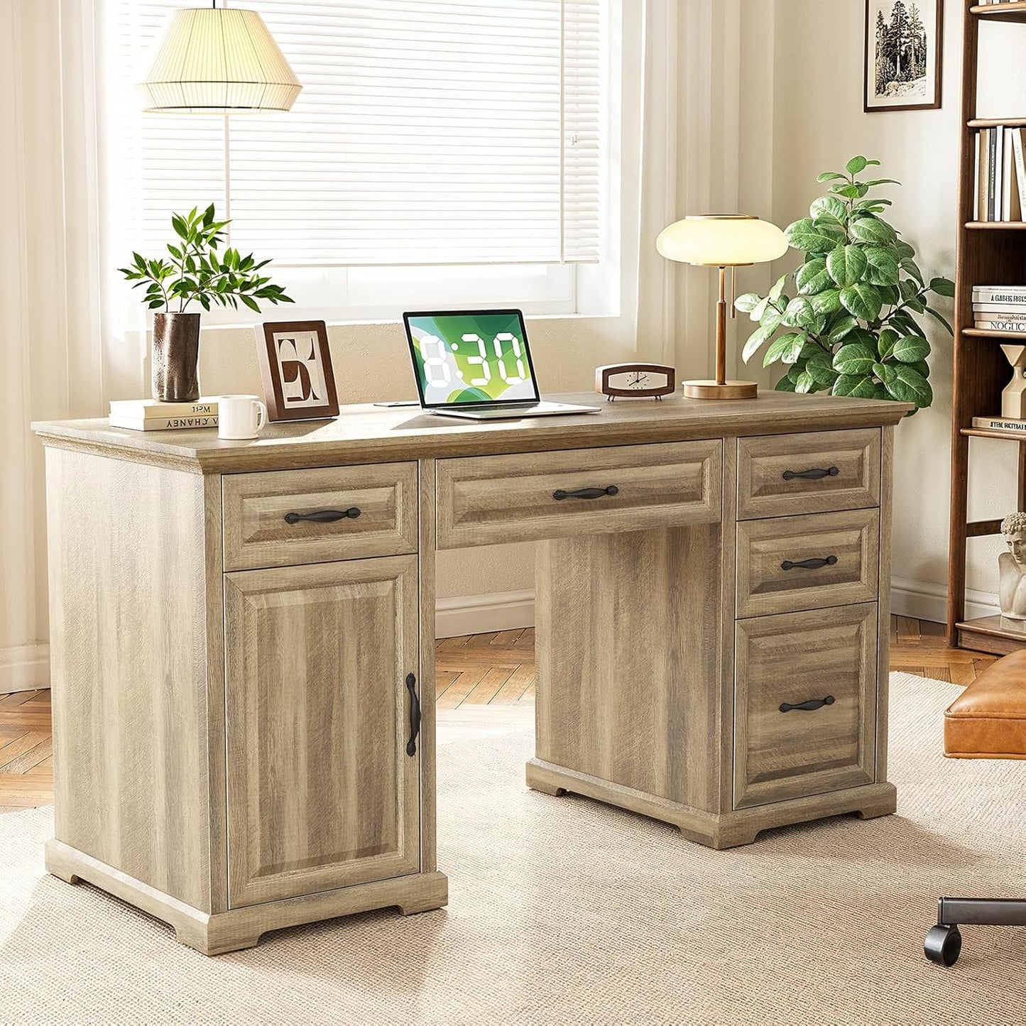 Marsail 60″ Farmhouse Executive Desk, Home Office Desk with Storage Cabinet, Charging Station, Adjustable Shelf, and File Drawer, Rustic Computer Writing Desk for Work & Study, Natural