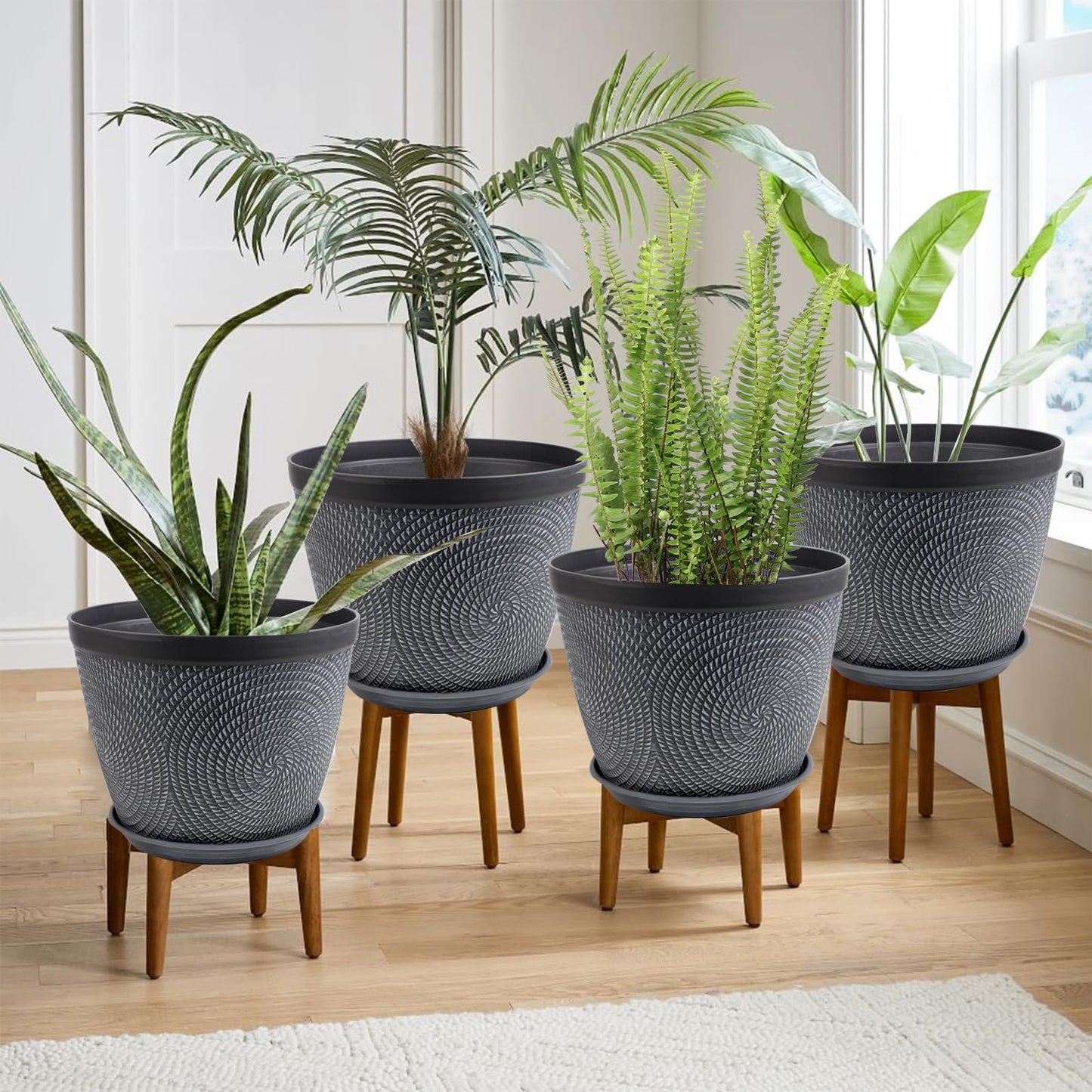 Quarut 4 Pack 8 Inch Flower Pots Planters for Outdoor Indoor, Plastic Plant Pots with Drainage Hole & Tray, Modern Decorative Garden Pot with Saucer, planters for House (Gray)