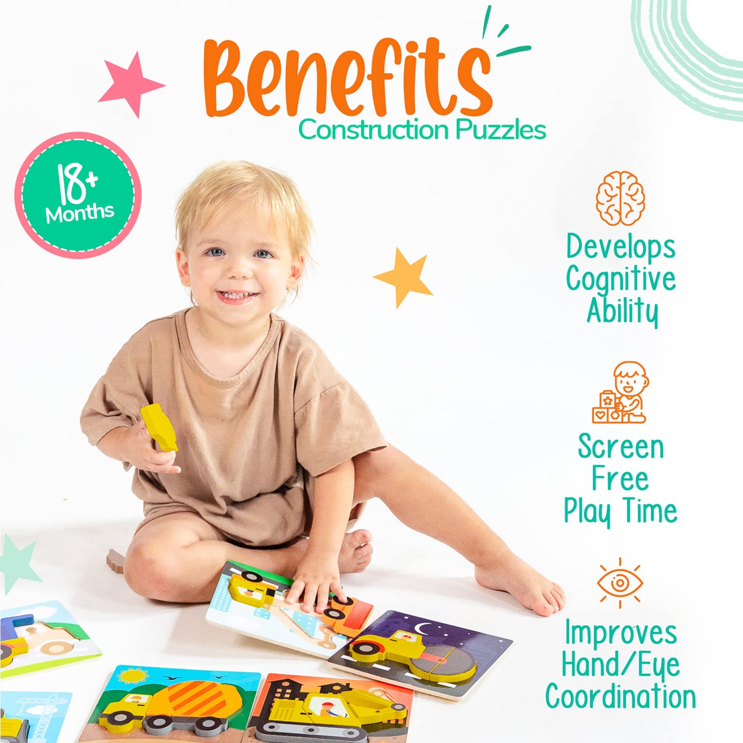 Klevly 6 PK Construction Wooden Toddler Puzzles Ages 2-4 | Wooden Puzzles for Toddlers 1-3 | Montessori Toys for 2 Year Old | Learning for 2+ Year Olds
