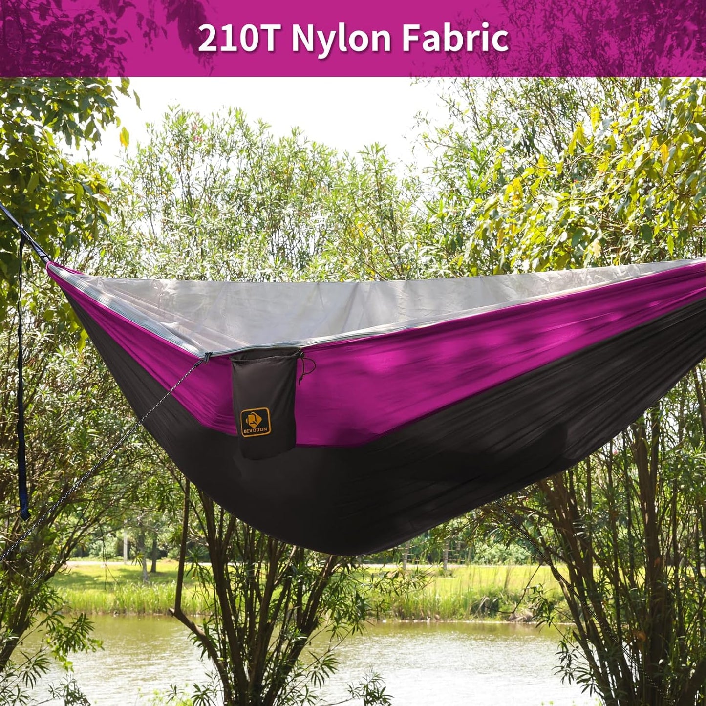 Camping Hammock, Portable Hammocks with Mosquito Net,Lightweight Nylon Parachute Hammock with 10ft Tree Straps,Camping Gear Must Haves for Travel Hiking Backpacking Beach Patio-Black&Pink
