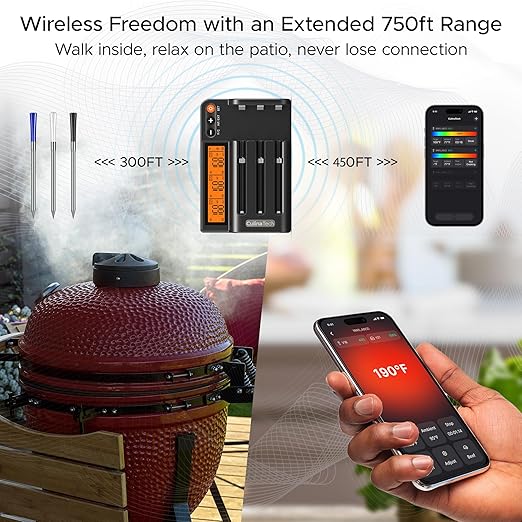 750ft Wireless Meat Thermometer Long Range for Smoker, BBQ & Rotisserie, 3 Probes Smart Bluetooth Thermometer Dual Sensor Waterproof Probe with LCD Base Station Display & App Control