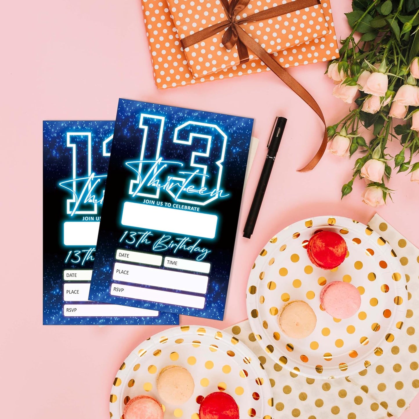 SIXEIGHT Blue 13th Birthday Party Invitations for Boys, Glow Neon Birthday Invitations, 20 Double Sided Invite Cards with Envelopes for Kids Girls, Party Decorations Supplies, 4"x6"-C13