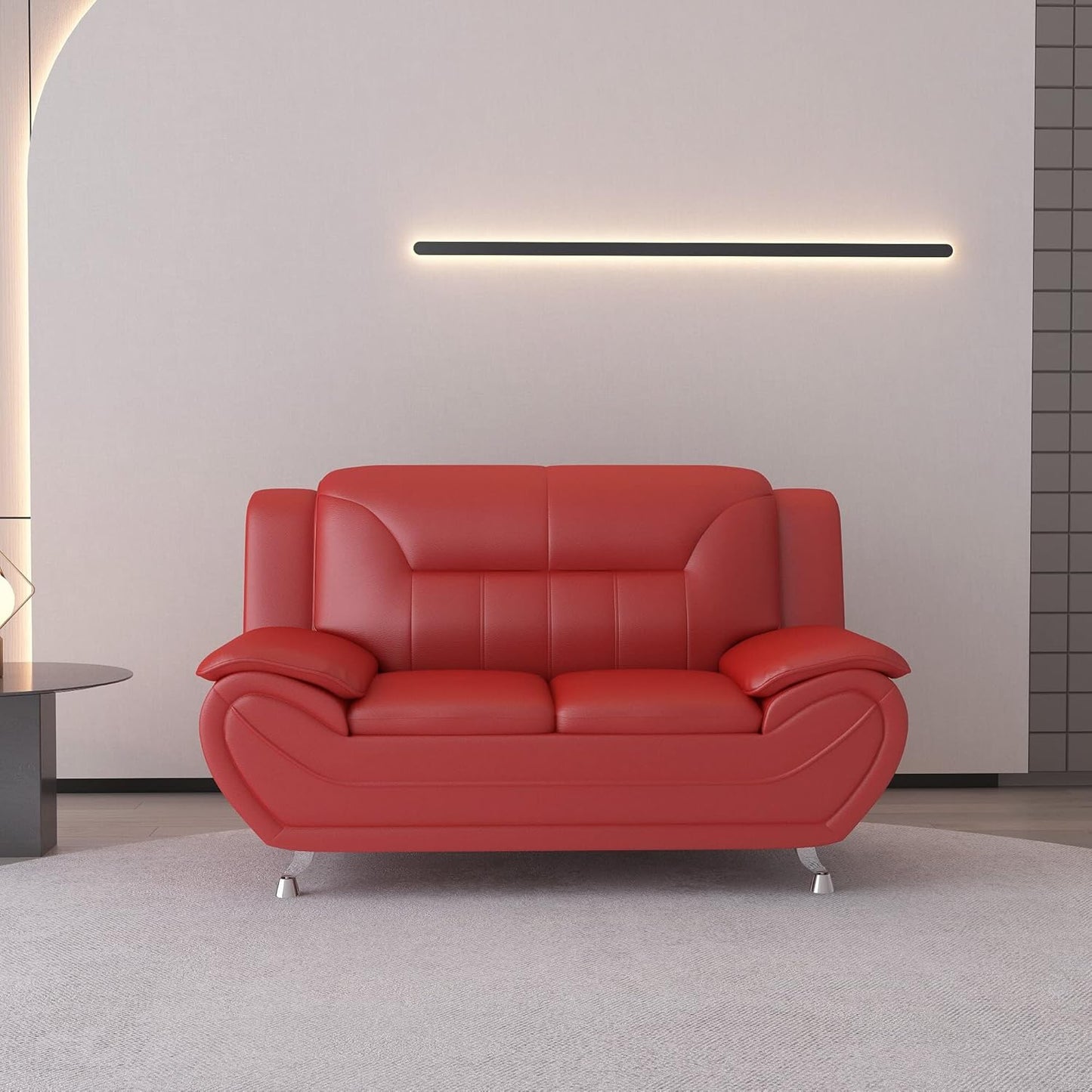 Container Furniture Direct Michael Modern Faux Leather Upholstered Stainless Steel Legs Living Room Loveseat, Persian Red