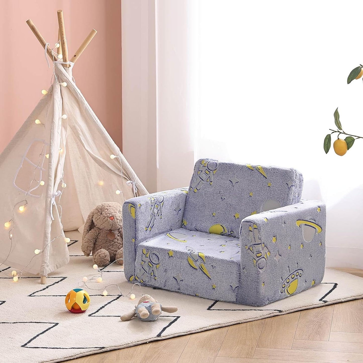 Tiita Kids Sofa, 2-in-1 Toddler Chair, Convertible Children Couch to Lounger, Flip Out Kid Sofas Chair, Toddler Armrest Chairs Bed, Folding Kids Play Sofa for Girl or Boy (Blue Astronauts)