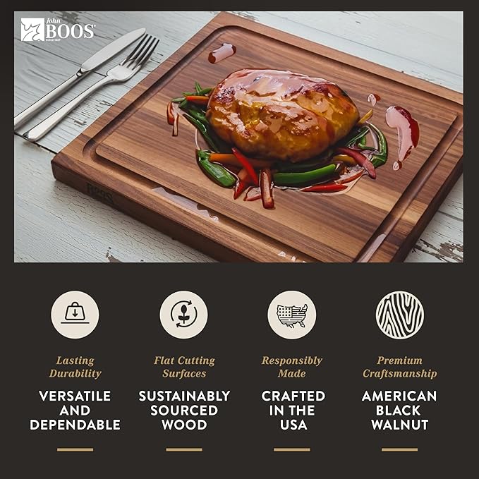 John Boos BBQ Series Rectangular Wooden Walnut Cutting Board 17”x21” – 1.5” Thick, 7-lb Reversible Butcher Block with Juice Groove, Edge-Grain, Finger Grips & Care & Maintenance Pack – Made in the USA