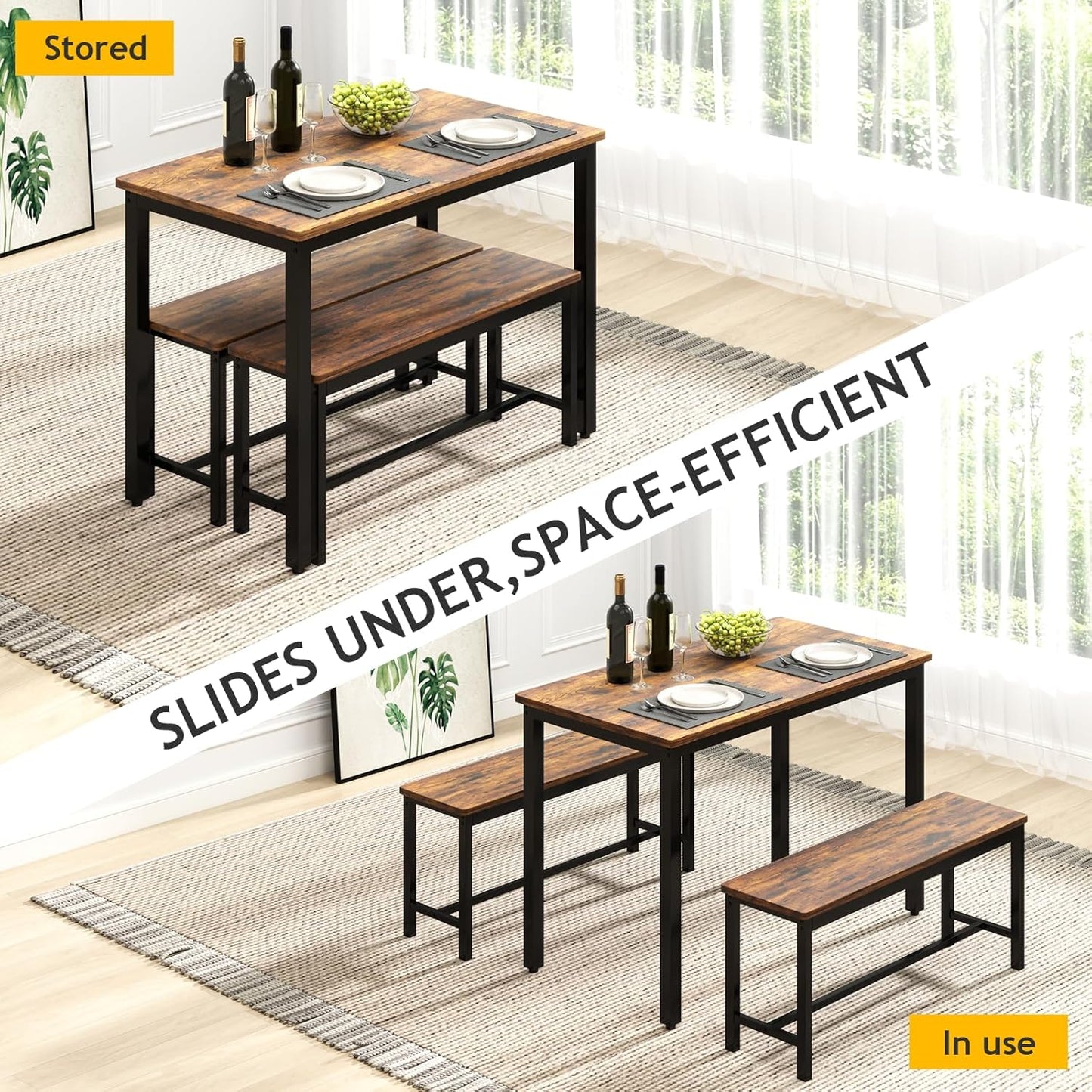 Rovibek Dining Room Table Chairs Set for 4, Modern Space Saving Kitchen Table with 2 Benches & Adjustable Feet Breakfast Table, Wooden Industrial Style Farmhouse, 43", Brown