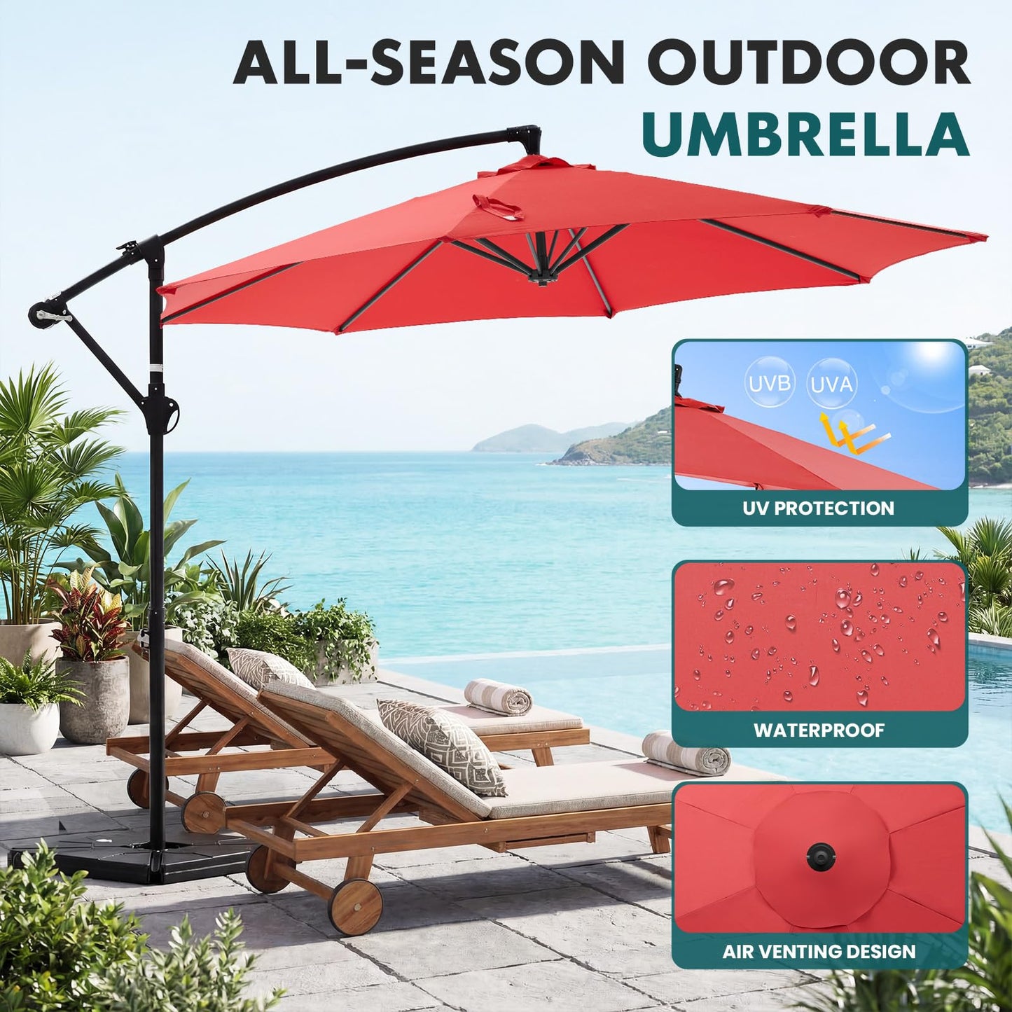 OLIXIS 9.8FT Offset Patio Umbrella with Base, Cantilever Table Umbrellas for Outdoor Sun Shade UV Protection with Easy Tilt Adjustment, 8 Ribs for Backyard, Lawn, Garden, Pool