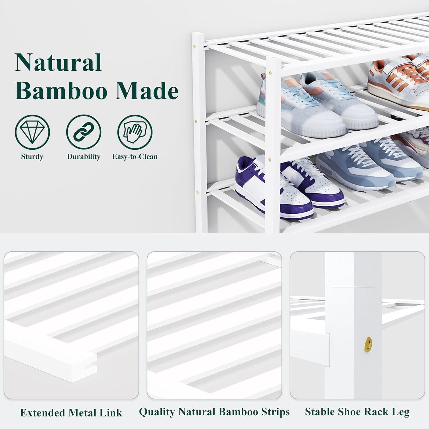Smiry Shoe Rack, 4 Tier Thick Bamboo Shoe Organizer, Stackable Free Standing Wooden Shoe Storage Shelf for Closet, Entryway, Front Door Entrance, White