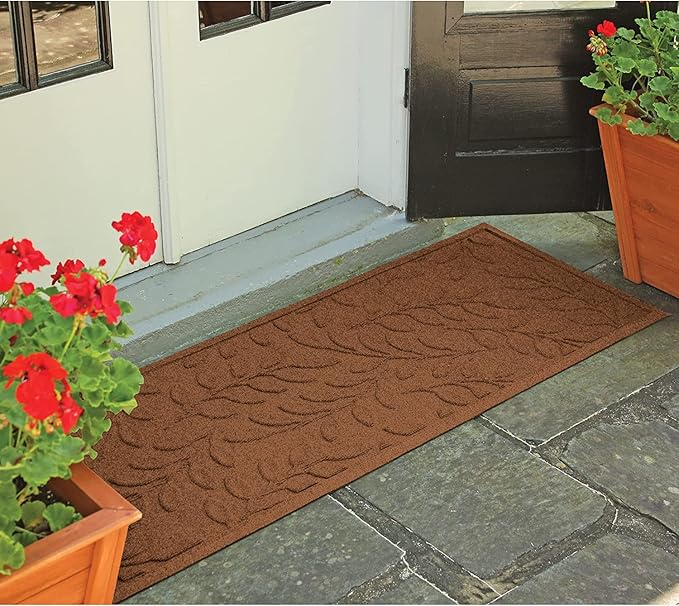 WaterHog Welcome Mat for Indoor/Outdoor, 2’ x 5’, Made in USA, Durable & Water-Resistant, Dirt Trapping Mat, Decorative Front Door and Entryway Rug, Brittney Leaf Design, Dark Brown