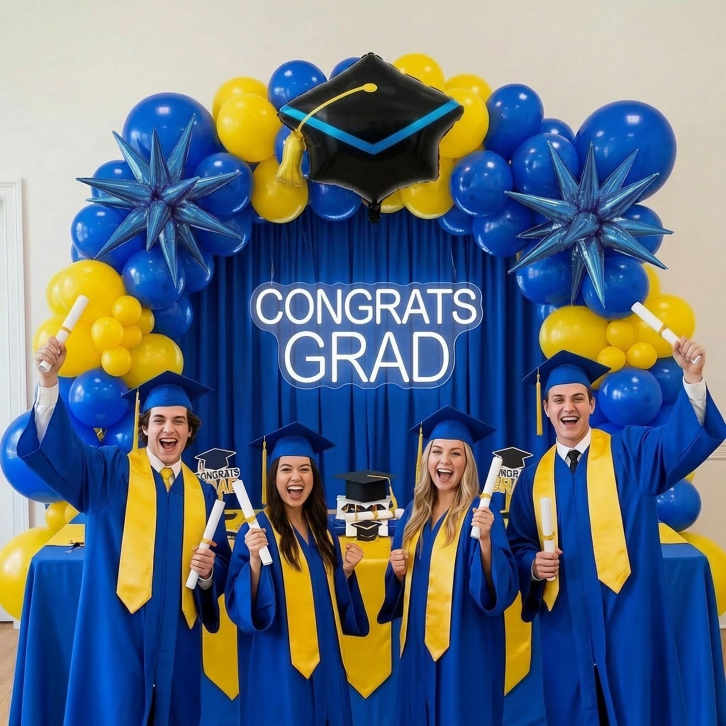 kozee royal blue and yellow balloon garland arch kit 150+pcs with graduation cap Blue star mylar balloons for Men birthday 2026 Graduation Ceremony Prom decorations