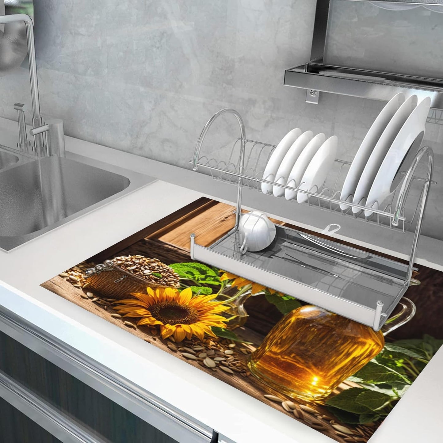 Large Dish Drying Mat for Kitchen Counter,18"X24" Sunflowers with Oil Bottle Absorbent Reversible Microfiber Dish Drying Mat Dish Drainer Mat,Dishes Mat Drying Pad for Kitchen Countertop Coffee Bar