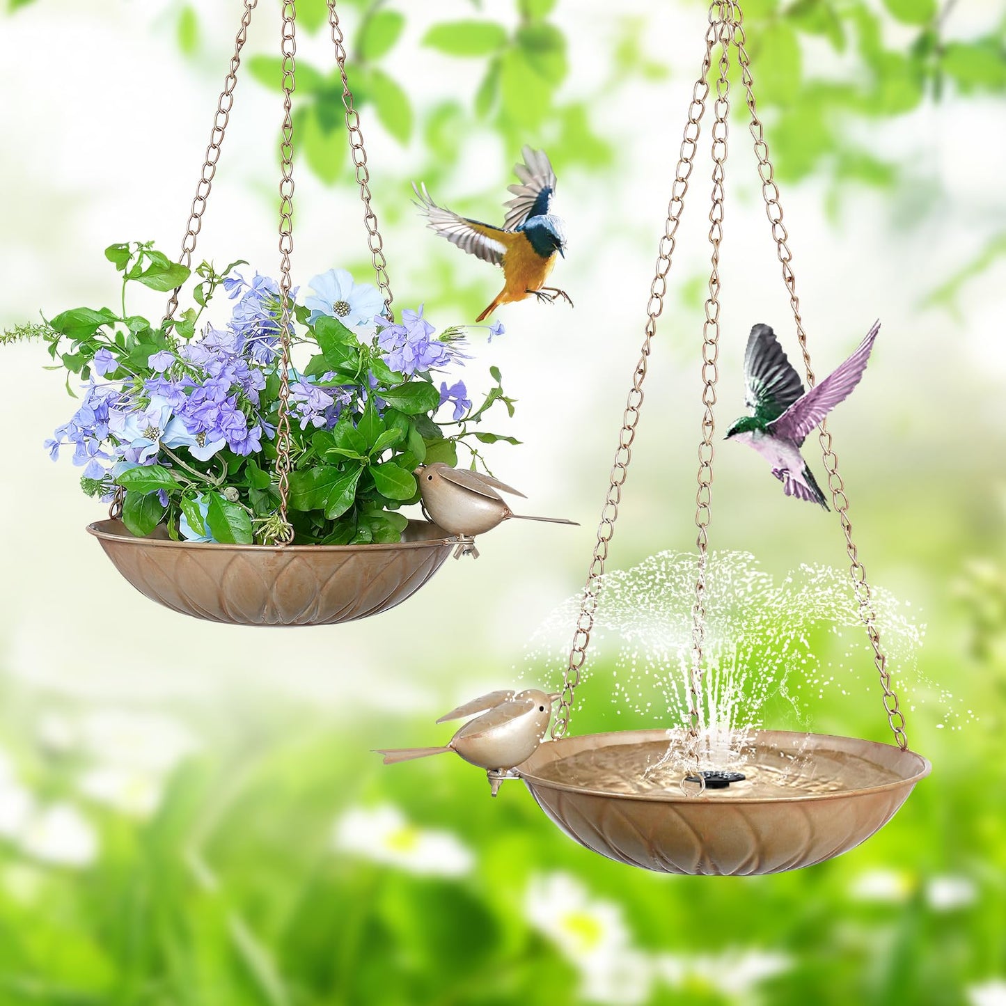 Hanging Bird Bath for Outside, 2 Pack Metal Birds Feeder & Water Bowl with Chains and S-Hooks,Birdbath Hanging for Outdoors Bird Feeder Seed Tray Garden Yard Decor (Rustic Gold)