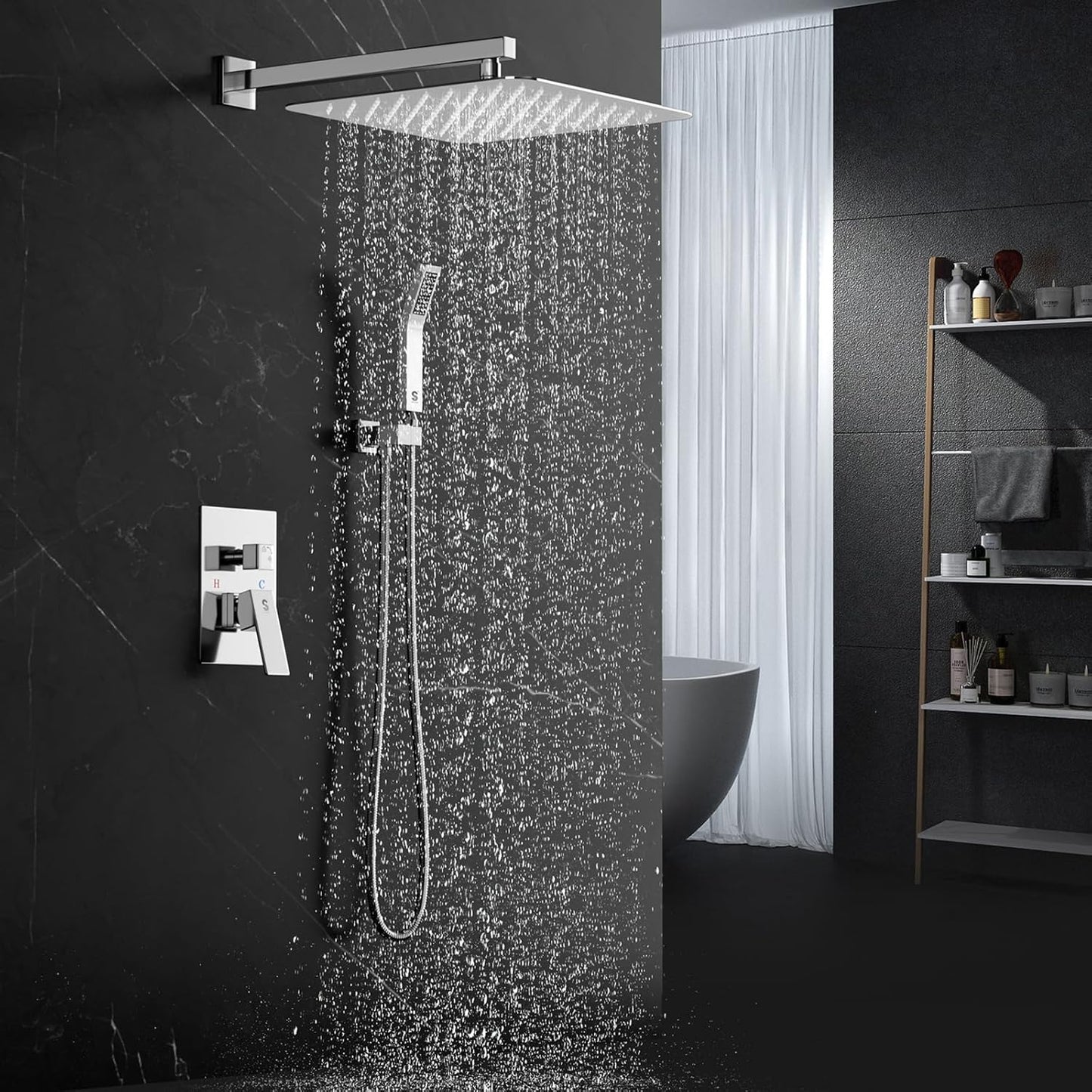 SR SUN RISE Polished Chrome Square Rainfall Shower Head and Handle Set, Wall Mounted Shower Fixtures, Metal Shower Faucet Trim Repair Kits (With Shower Valve) 16 Inches