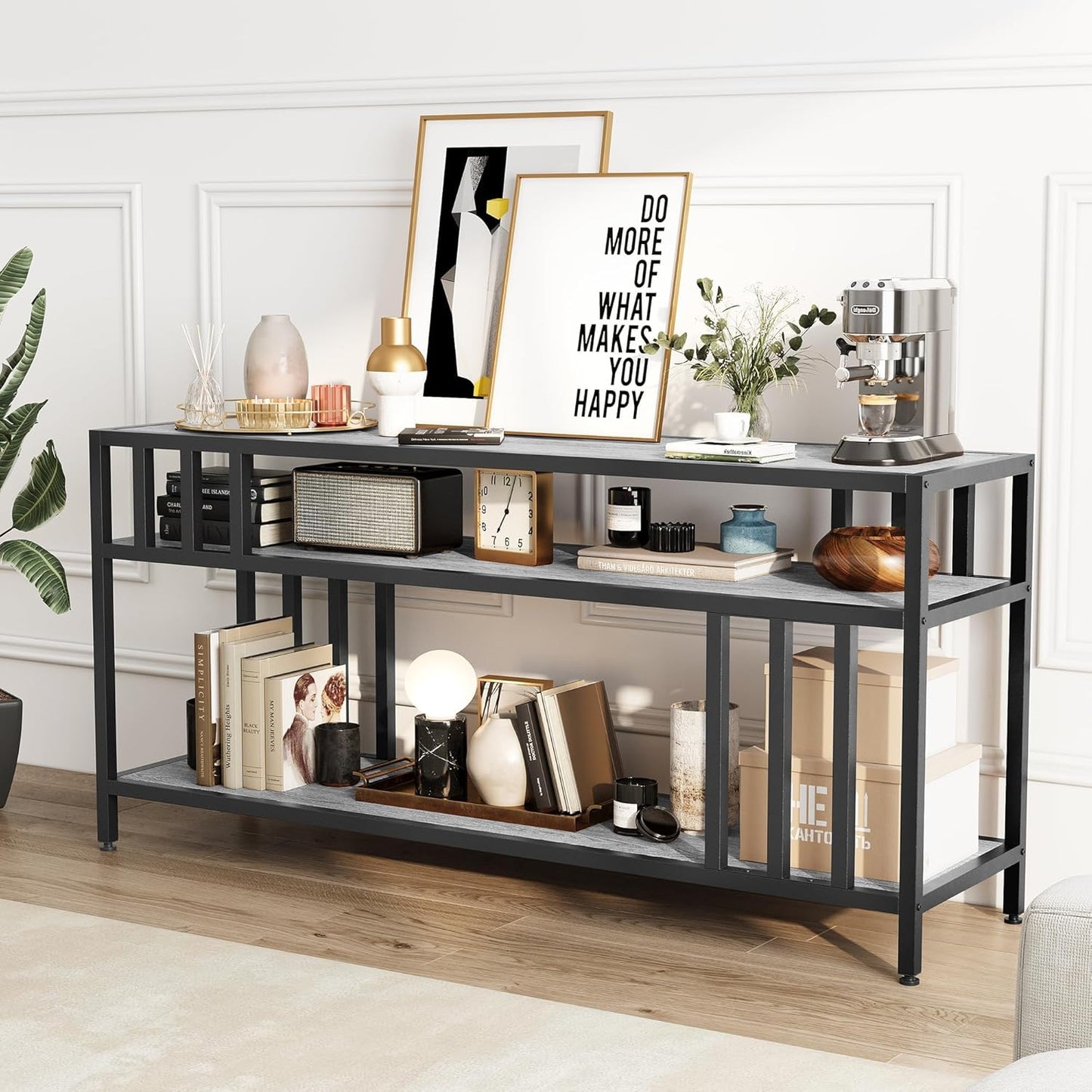 Garvee 58" TV Stand for Television up to 65 Inch, Entertainment Center with 3-Tier Open Shelves, TV Media Console Table Quadruple-Tube Support for Living Room, Entryway, Grey