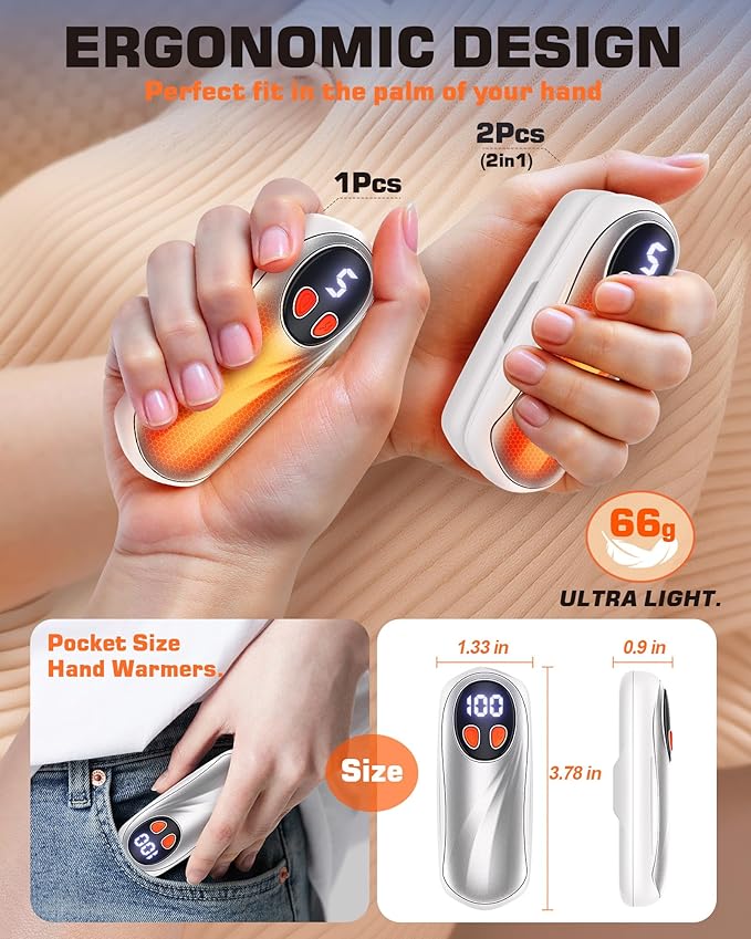 Hand Warmers Rechargeable 2 Pack, 6000mAh Electric Hand Warmers, 5-Level Heating with Battery Display, Reusable Portable Pocket Heater, Gifts for Christmas, Outdoor, Golf, Travel, Hunting, Camping