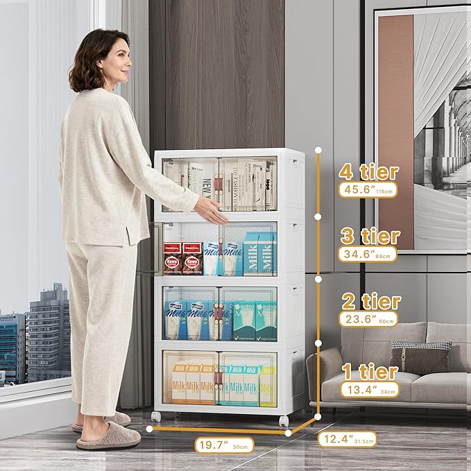 Extra Large Stackable Storage Bins with Lids & Wheels & Door, 208QT-52QT/13GAL*4Pack Foldable Collapsible Closet Organizers, Plastic containers drawers for bedroom Dorm