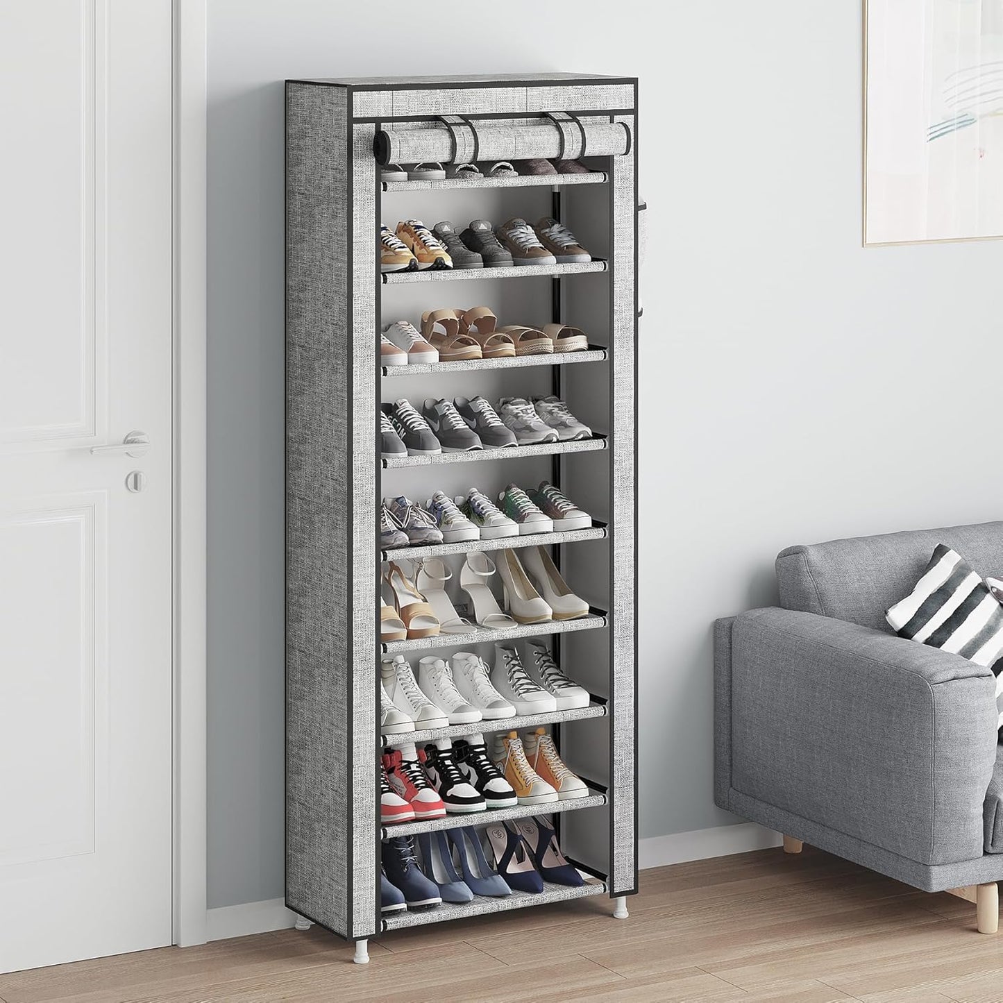 Calmootey 9 Tier Shoe Rack Organizer,Portable Shoe Shelf with Nonwoven Fabric Cover for Closet Hallway,Bedroom,Entryway, Ash Grey